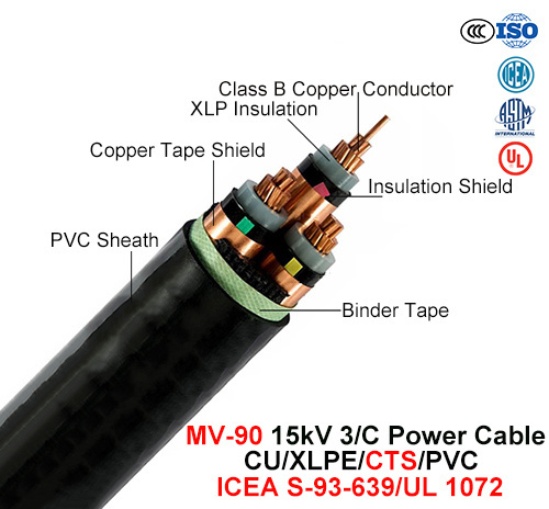  Mv-90, Power Cable, 15 chilovolt, 3/C, Cu/XLPE/Cts/PVC (ICEA S-93-639/NEMA WC71/UL 1072)