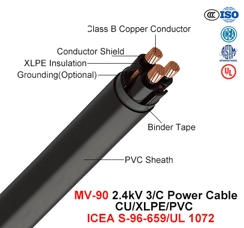  Mv-90, Cable de alimentación, el 2,4 Kv, 1/C/Cu/PVC XLPE (ICEA S-96-659 WC/NEMA71/UL 1072)
