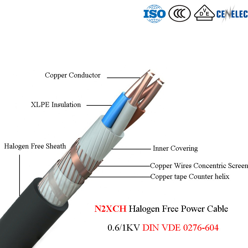  N2XCH Câble d'alimentation sans halogène, Fil de cuivre-Présélection de bande, la norme DIN VDE 0.6/1kv