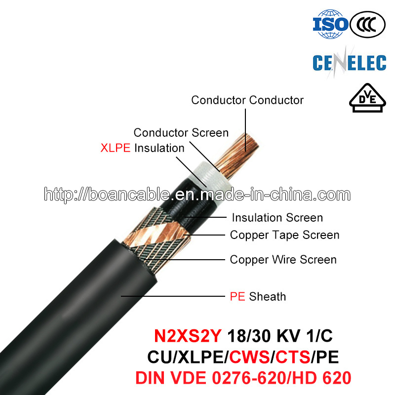  N2XS2y, MV Cable de alimentación, 18/30 Kv, 1/C, Cu/XLPE/CWS/CTS/PE (HD 620 10C/VDE 0276-620)