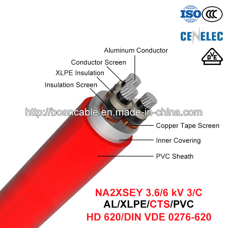  Na2xsey, 3.6/6 chilovolt Power Cable, 3/C, Al/XLPE/Cts/PVC (VDE di HD 620/DIN 0276-620)