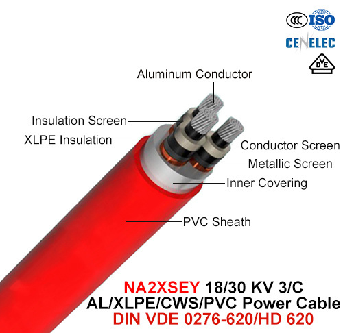  Na2xsey, Cable de alimentación, 18/30 Kv, 3/C, Al/XLPE/CWS/PVC (DIN VDE 0276-620)