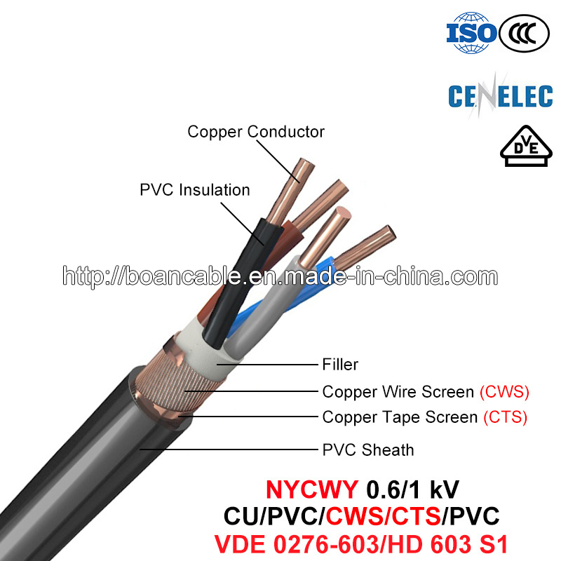  Nycwy, Cable de alimentación, 0.6/1 Kv, Cu/PVC/CWS/CTS/PVC (VDE 0276-603/HD 603 S1).
