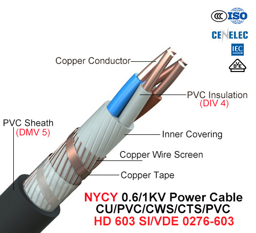  Nycy, Cable de alimentación, 0.6/1 Kv, Cu/PVC/CTS/CWS/PVC (VDE 0276-603)