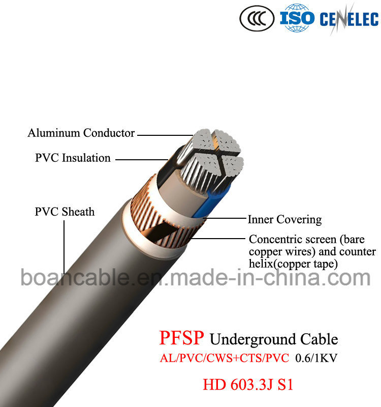  Pfsp, cavo elettrico sotterraneo di Al/PVC/Cws+Cts/PVC, 0.6/1kv, HD 603.3j S1