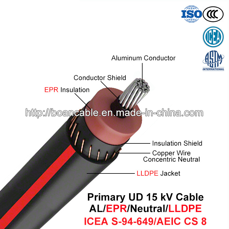  Ud primario Cable, 15 chilovolt, Al/Epr/Neutral/LLDPE (CS 8/ICEA S-94-649 di AEIC)