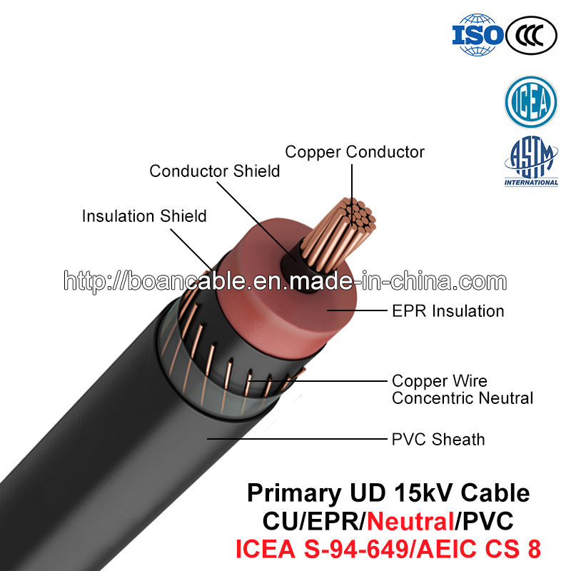  Ud primario Cable, 15 chilovolt, Cu/Epr/Neutral/PVC (CS 8/ICEA S-94-649 di AEIC)