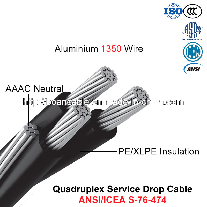  Quadruplex de caída del servicio de cable, AAAC Neutral, Quadruplex trenzado de 600 V (ANSI/ICEA S-76-474)