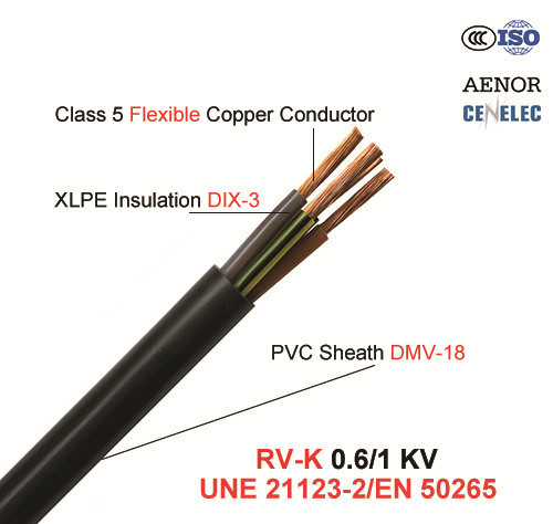  RV-K, câble d'alimentation 0.6/1 Kv, Flexible de Cu/XLPE/PVC (UNE 21123-2/FR 50265)