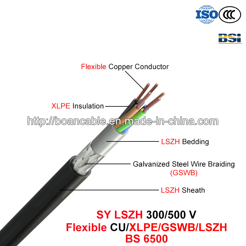  De Kabel van de Controle van Sy LSZH, 300/500 V, Flexibele Cu/XLPE/LSZH/Gswb/LSZH (BS 6500)
