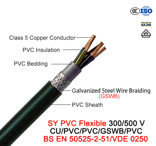  Си ПВХ кабеля управления, 300/500 В, гибкая Cu/PVC/PVC/Gswb/PVC (BS EN 50525-2-51/VDE0250)