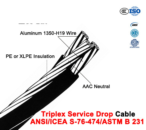 Triplex caída de servicio de cable con AAC Neutral, trenzado de 600 V Triplex (ANSI/ICEA S-76-474)