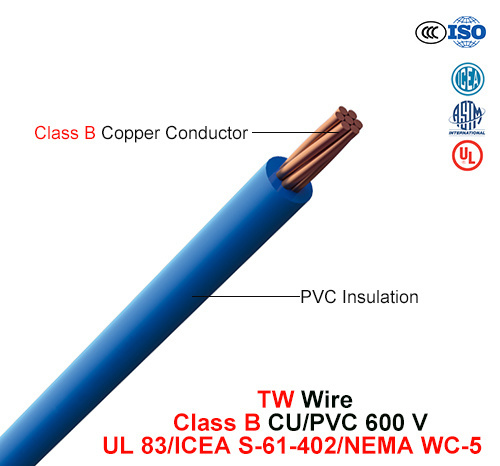  Tw, le fil de bâtiment, 600 V, Classe B de Cu/PVC (UL 83/l'ICEA S-61-402/NEMA WC-5)
