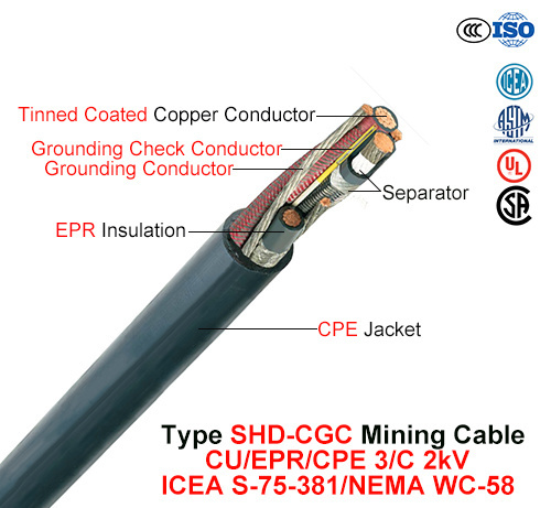  Тип Shd-Cgc, добыча полезных ископаемых, кабель Cu/Поп/CPE, 3/C и 2 кв (ICEA S-75-381/NEMA WC-58)