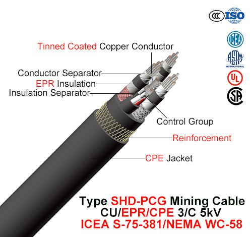  Type de câble Shd-Pcg, exploitation minière, Cu/EPR/CPE, 3/C, 5KV (ICEA S-75-381/NEMA WC-58)