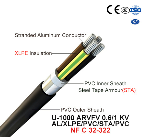  U-1000 Arvfv, Cable de alimentación, 0.6/1 Kv XLPE, Al//PVC/Sta/PVC (NF C 32-322)