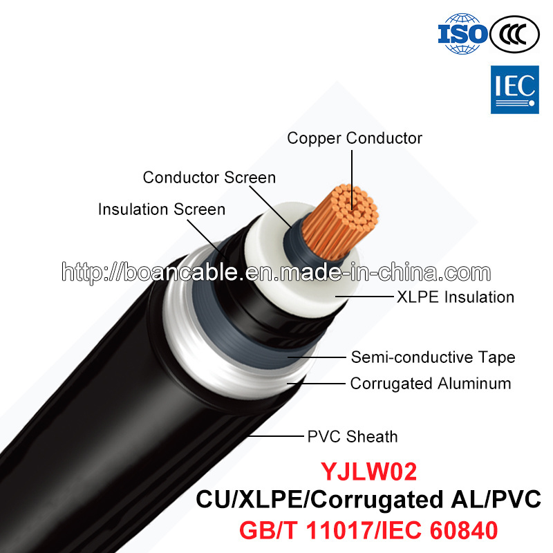  Yjlw02, cable de alimentación de Mat, 48/66 Kv~127/220 Kv XLPE/Cu/Al/PVC corrugado (GB/T 11017/IEC 60840)