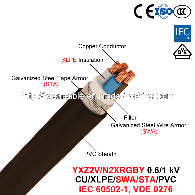  Yxz2V/N2xrgby, cavo elettrico, 0.6/1 chilovolt, Cu/XLPE/PVC/Swa/Sta/PVC (IEC 60502-1, VDE 0276)