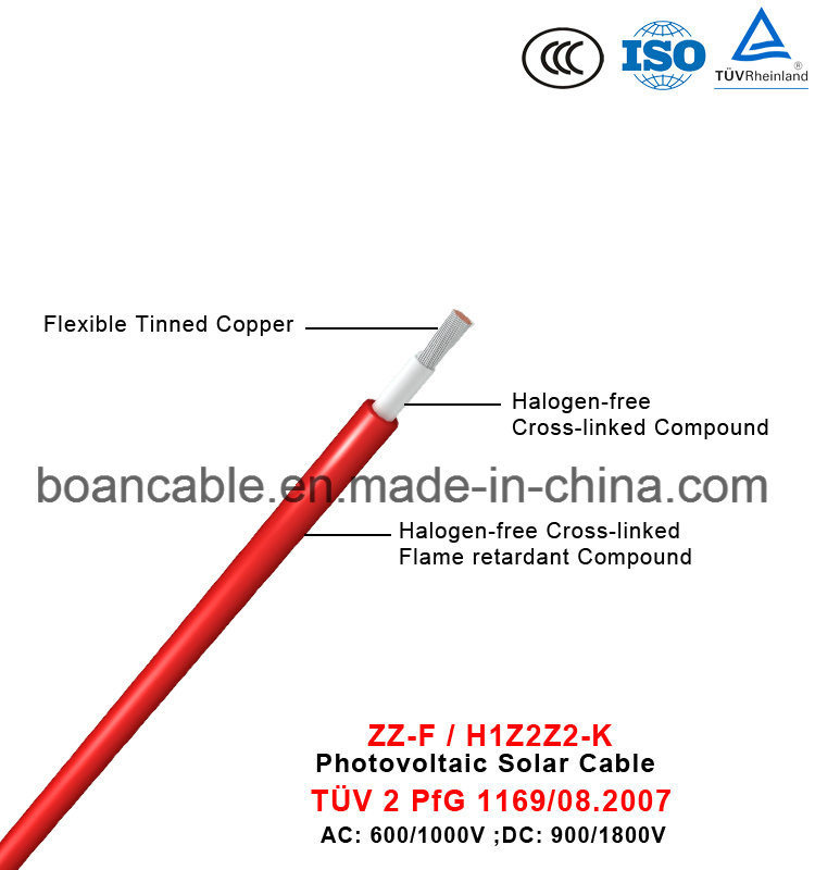 Zz-F/H1z2z2-K/PV1-F Photovoltaic Solar Cable, TUV 2 Pfg 1169/08.2007, 0.6/1kv